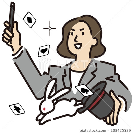 一個穿西裝的女人用魔術變成兔子和撲克牌 108425529