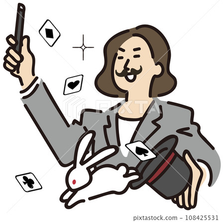 A woman in a suit with a fake beard performing magic tricks 108425531