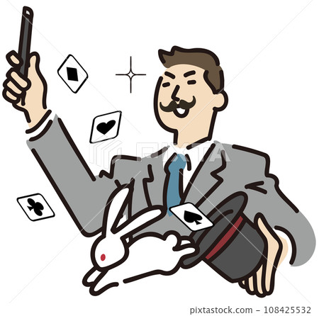 A man in a suit with a fake beard performing magic tricks 108425532