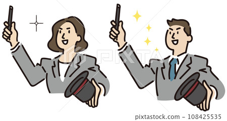 A set of upper bodies of a businessman and businesswoman showing off magic tricks 108425535