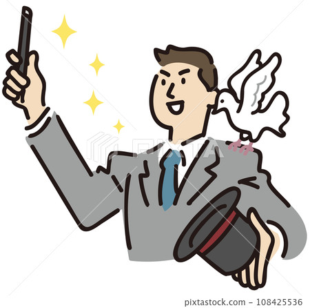 A man in a suit with a pigeon on his shoulder performing a magic trick 108425536