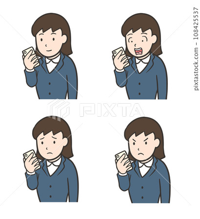 A woman in a suit looking at a smartphone, surprised face, angry face, confused face 108425537