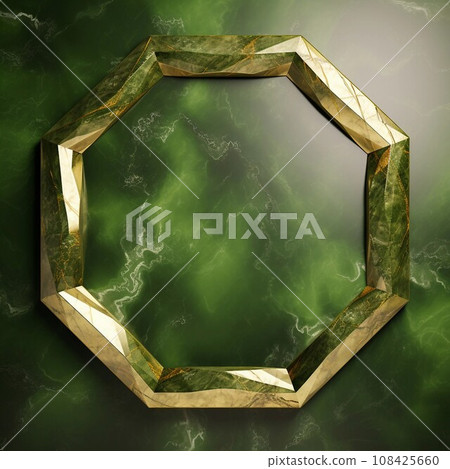 Dark yellow-green marble background and golden octagonal frame. Square abstract banner for autumn/winter. AI generated image 108425660