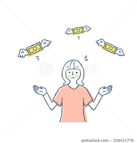 A young woman is troubled by her bills flying away. A young woman is troubled by her bills flying away. 108425776