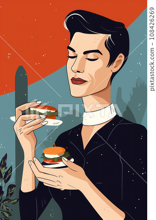 Stylish gay man enjoying gourmet sandwiches in a restaurant. One handsome guy holding 2 delicious canapes in his hands Stylish gay man enjoying gourmet sandwiches in a restaurant. One handsome guy holding 2 delicious canapes in his hands 108426269