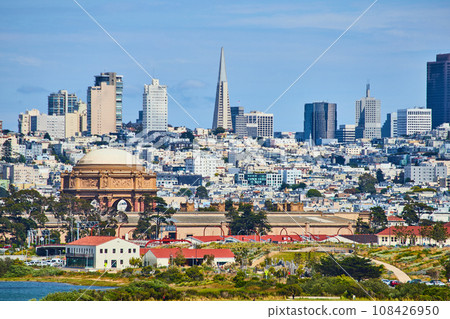 Downtown San Francisco skyscrapers and Palace of Fine Arts on summer day Downtown San Francisco skyscrapers and Palace of Fine Arts on summer day 108426950