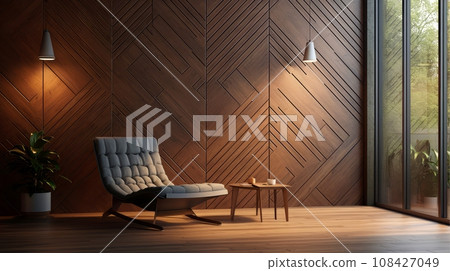 Modern living room with wooden geometric wall, Generative AI 108427049