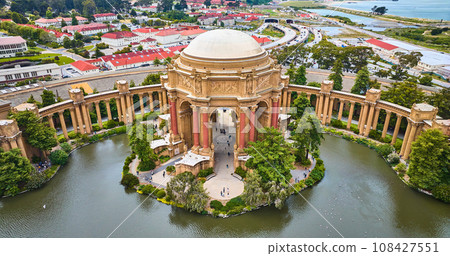 Open air rotunda Palace of Fine Arts aerial colonnade around lagoon in city Marina District Open air rotunda Palace of Fine Arts aerial colonnade around lagoon in city Marina District 108427551