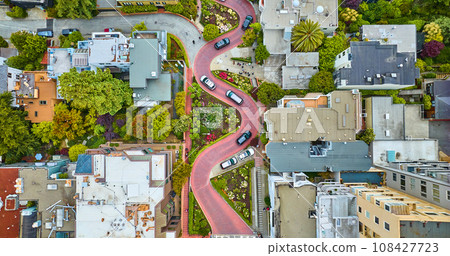 Aerial straight down Lombard Street with road running vertically 108427723