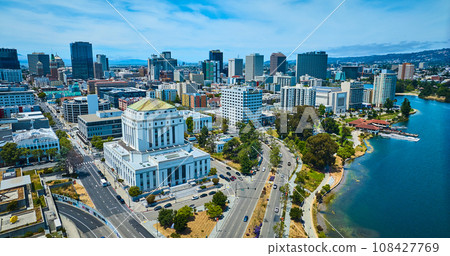 Wide view of Oakland City in California with aerial of Alameda County Superior Courthouse 108427769