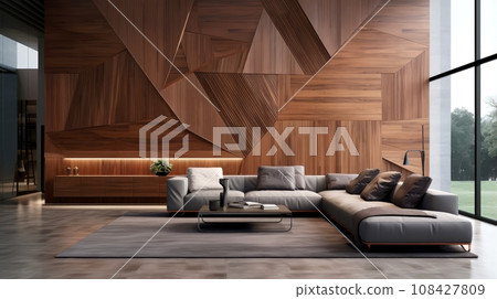 Modern living room with wooden geometric wall,... - Stock Illustration ...