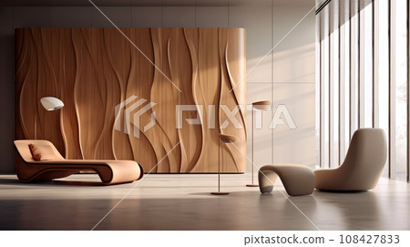 Modern living room with wooden geometric wall, Generative AI 108427833