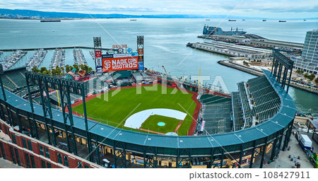 Aerial baseball diamond at Oracle Park with San Francisco Bay and South Beach Harbor 108427911