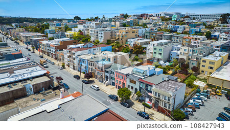 Aerial residential area of San Francisco on blue sky day with soft purple clouds Aerial residential area of San Francisco on blue sky day with soft purple clouds 108427943