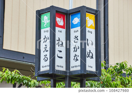 Colorful sign with English and Japanese names for cat and dog with frog and fish Colorful sign with English and Japanese names for cat and dog with frog and fish 108427980