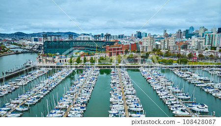 Aerial South Beach Harbor looking at Oracle Park with San Francisco skyline Aerial South Beach Harbor looking at Oracle Park with San Francisco skyline 108428087