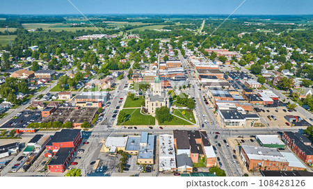 Whitley County Courthouse aerial view downtown Columbia City with houses and neighborhoods Whitley County Courthouse aerial view downtown Columbia City with houses and neighborhoods 108428126