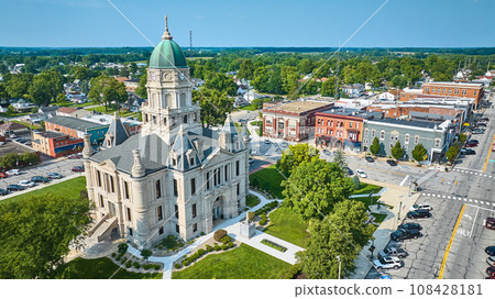 Aerial front entrance of Columbia City courthouse and downtown 108428181
