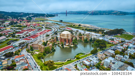 Open air rotunda Palace of Fine Arts wide aerial colonnade around pond in city Marina District 108428184