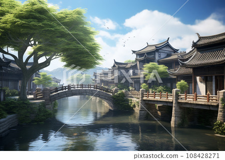 東方氣息小鎮石橋AI影像 108428271