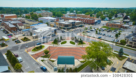 Downtown Auburn with James Cultural Plaza and distant courthouse aerial Downtown Auburn with James Cultural Plaza and distant courthouse aerial 108428301