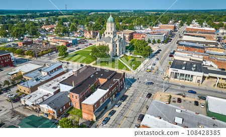Downtown Columbia City aerial of shops and Whitley County courthouse 108428385