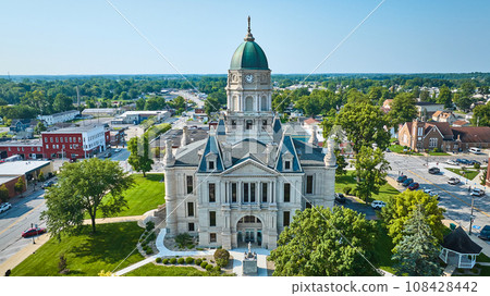 Aerial of Columbia City with Whitley County Courthouse on sunny day 108428442