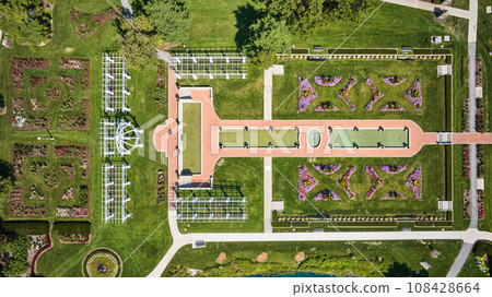 Aerial symmetrical gardens and pergola with pools of water at Lakeside Park 108428664