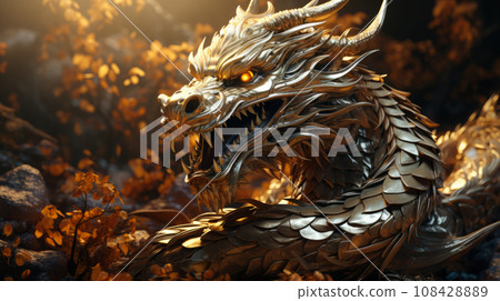 Close up of Golden dragon surrounded with golden coins. Wealth and prosperity concept. Close up of Golden dragon surrounded with golden coins. Wealth and prosperity concept. 108428889