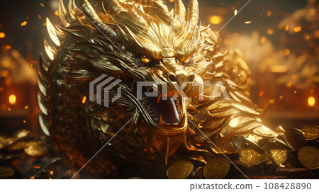 Close up of Golden dragon surrounded with golden coins. Wealth and prosperity concept. Close up of Golden dragon surrounded with golden coins. Wealth and prosperity concept. 108428890