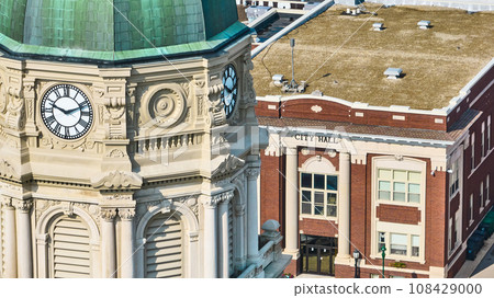 Close up aerial of Columbia City courthouse clock tower with dome and City Hall in background Close up aerial of Columbia City courthouse clock tower with dome and City Hall in background 108429000