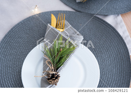 Serving a festive table with plates, forks, knives, napkins close-up tissue in a cage decorated for Christmas and New Year pine branch with a cone. Eco-style, minimalism Serving a festive table with plates, forks, knives, napkins close-up tissue in a cage decorated for Christmas and New Year pine branch with a cone. Eco-style, minimalism 108429121