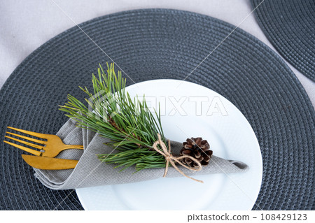Serving a festive table with plates, forks, knives, napkins close-up tissue in a cage decorated for Christmas and New Year pine branch with a cone. Eco-style, minimalism Serving a festive table with plates, forks, knives, napkins close-up tissue in a cage decorated for Christmas and New Year pine branch with a cone. Eco-style, minimalism 108429123