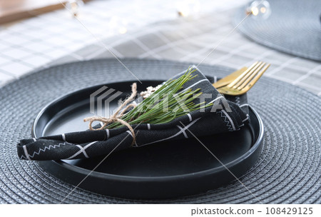 Serving a festive table with plates, forks, knives, napkins close-up tissue in a cage decorated for Christmas and New Year pine branch with a cone. Eco-style, minimalism Serving a festive table with plates, forks, knives, napkins close-up tissue in a cage decorated for Christmas and New Year pine branch with a cone. Eco-style, minimalism 108429125