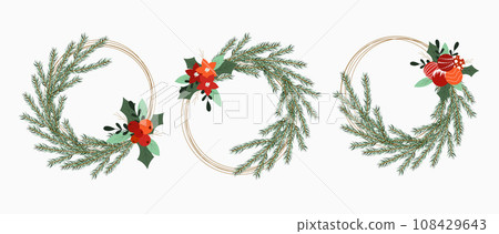 Christmas wreath set with winter floral elements. Decoration for card, invitation, party, design. Vector illustration. 108429643