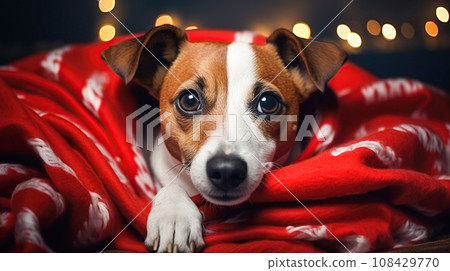A Jack Russell puppy on soft red blanket and looks at the camera. Cute dog against background of Christmas tree garlands 108429770