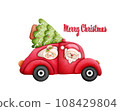 Christmas santa truck watercolor greeting card 108429804
