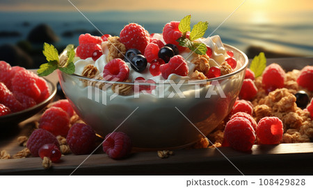 AI-generated content. Bowl of granola with yogurt, berries and fruits with sea view in the morning 108429828