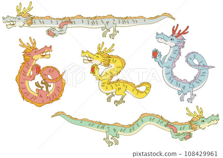 Five-colored dragon Comical touch Asian dragon vector illustration cut set Five-colored dragon Comical touch Asian dragon vector illustration cut set 108429961