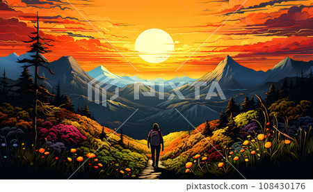 Colorful mountain painting. in traditional oriental, minimalistic Japanese style. colorful autumn forest, beautiful river. Generated AI illustration. 108430176