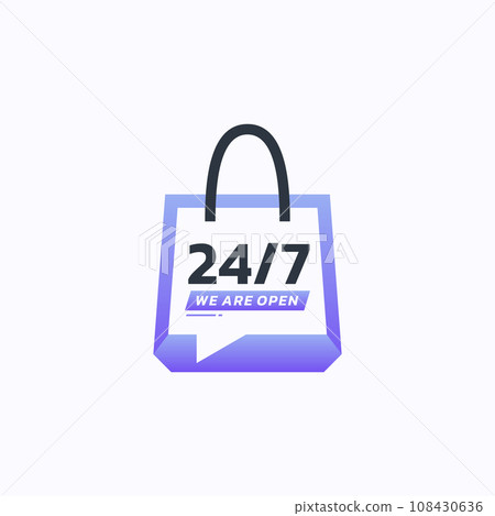 Twenty four hour shop service logo design vector. Shopping anytime symbol template. Twenty four hour shop service logo design vector. Shopping anytime symbol template. 108430636