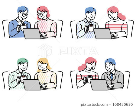 Illustration of a man and a woman researching on a computer: cashless, teaching, research, online shopping, reservation, search 108430650