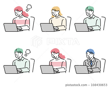 一名男子和一名女子在電腦上研究的插圖（研究、搜尋、SNS、無現金、初學者、預訂） 108430653