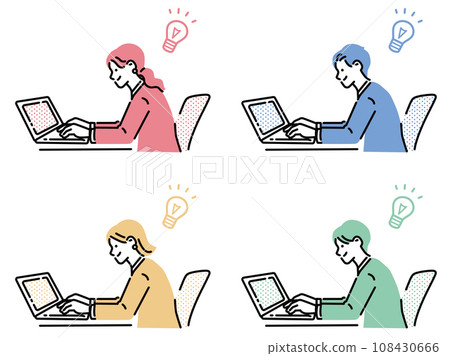 Illustration of a man and woman researching on a computer (research, search, discovery, SNS, cashless, for beginners, reservation) 108430666