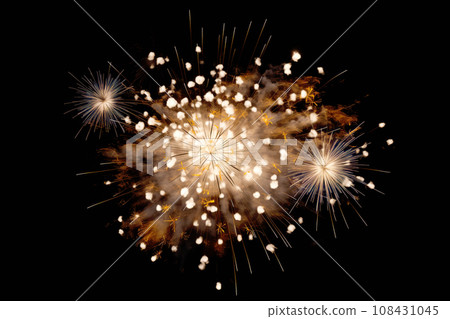 An explosion of fireworks with a black background with free space for text, birds-eye-view An explosion of fireworks with a black background with free space for text, birds-eye-view 108431045