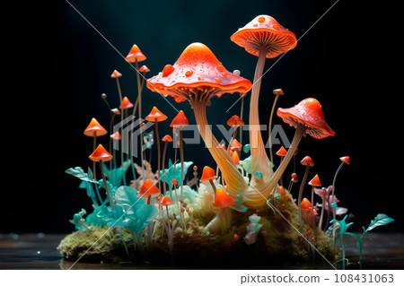 Different types of glowing mystical mushrooms, fantasy mushroom forest with bokeh 108431063