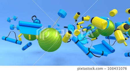 Flying and folling sport equipment like kettlebell, fitness ball and yoga mat 108431076