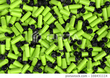 Pile of plastic sport shaker for protein drink on white background 108431114