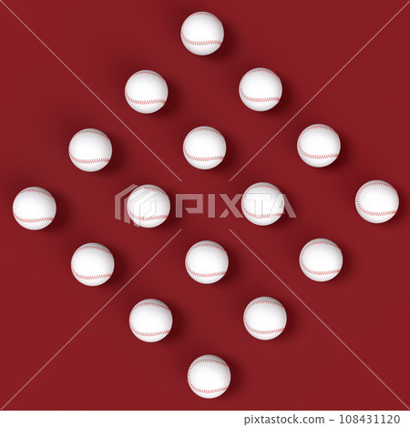 Set of softball or baseball ball lying in row on red background. 108431120