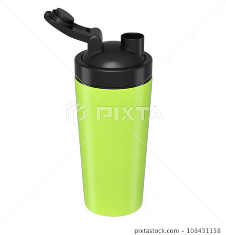 Green plastic sport shaker for protein drink isolated on white background. Green plastic sport shaker for protein drink isolated on white background. 108431158